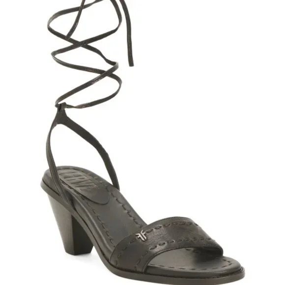 NEW FRYE Leather Estelle Ankle Tie Sandals black for women 567mn - Picture 1 of 10